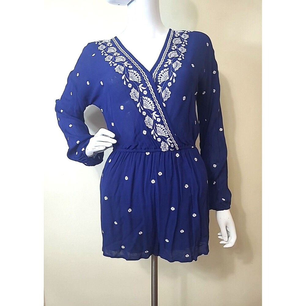 Chloe & Katie Womens Blue Embroidered Romper Size XS